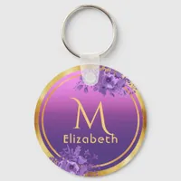 Purple pink gold glam monogram name keychain