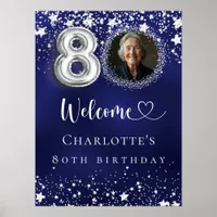 80th Birthday blue silver stars photo welcome Poster