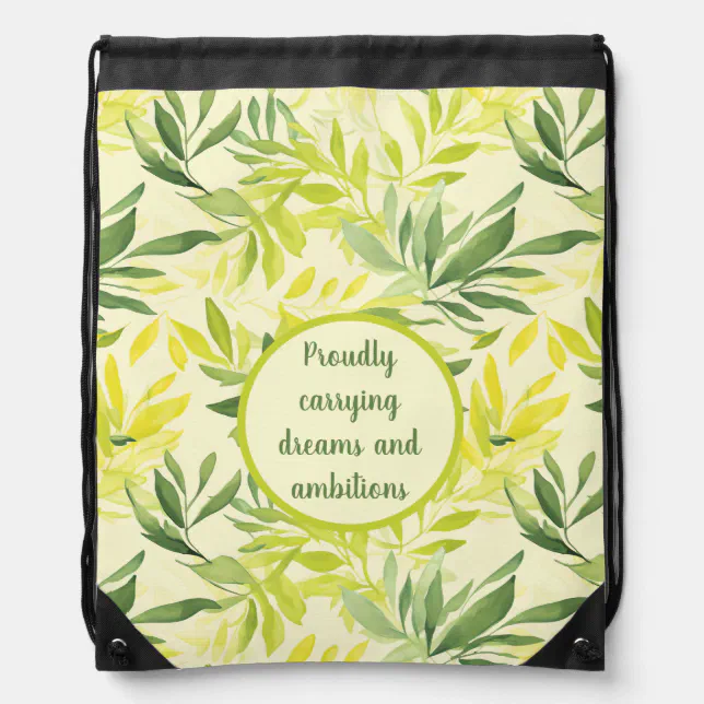 Watercolor Green and Yellow Leaf Pattern Drawstring Bag