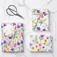 Three Different Yellow, Pink, Purple Floral  Wrapping Paper Sheets