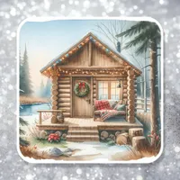 Tiny Home Log Cabin in the Winter Woods Christmas Square Sticker