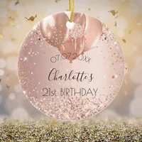 Birthday rose gold blush pink name balloons ceramic ornament