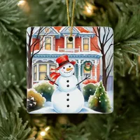 Cute Whimsical Snowman in the Suburbs Christmas Ceramic Ornament