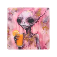 Pink Alien With An Orange Juice Metal Print