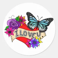 I Love You | Hearts, Roses and Butterflies Classic Round Sticker