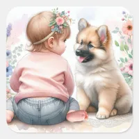 A Baby Girl and her Puppy Pink Baby Shower Square Sticker