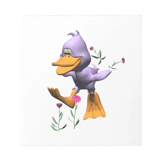 Cute Happy Cartoon Duck Running Through Flowers Notepad