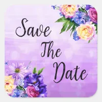 Pretty Purple Flowers Floral Wedding Save the Date Square Sticker