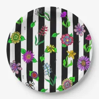 Black and White Striped Floral Paper Plates