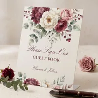 Elegant Watercolor Burgundy Blush Floral Wedding Pedestal Sign