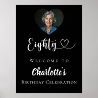 Black 80th birthday party photo heart welcome poster