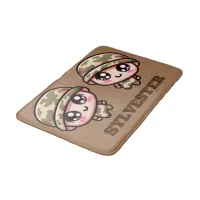 Cute Kawaii Army Camouflage Monogram on Brown | Bath Mat