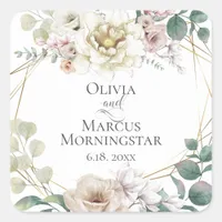 Wedding Elegant Ivory Blush Magnolias Peonies Square Sticker