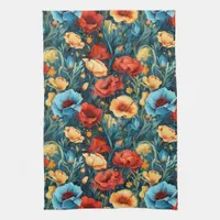 Beautiful Yellow Red Blue Flowers Botanical Print Kitchen Towel