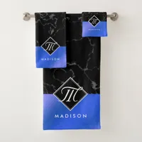 Elegant Black Marble & Royal Blue Foil Monogram Bath Towel Set