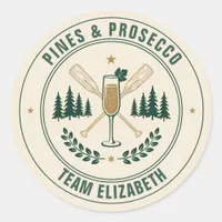 Pines & Prosecco Team Bride Camp Bachelorette Classic Round Sticker