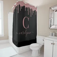 Rose Gold Sparkle Glitter Drips Monogram | Black Shower Curtain