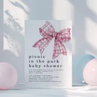 Picnic in Park Pink Gingham Bow White Baby Shower Invitation