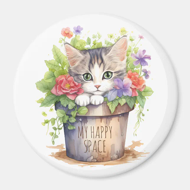 Cute Kitten in a Garden Pot Cat Watercolor Art Magnet