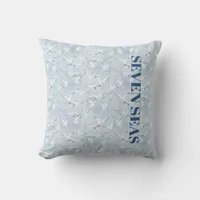 Light blue seagulls birds text modern coastal outdoor pillow