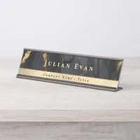 Elegant Glitter Gold Luxe Black Agate Marble Desk Name Plate