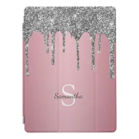 Silver Glitter Drip Rose Gold Pink Monogram Name iPad Pro Cover