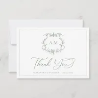 Sage Green Victorian Baroque Floral Crest Wedding Thank You Card