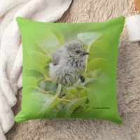Cute Wet Wee Bushtit Songbird in Laurel Shrub Throw Pillow