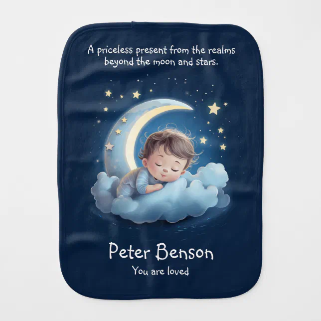 Cute Cartoon Baby Sleeping on Half Moon Cloud Blue Baby Burp Cloth