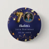 70th birthday navy blue gold stars photo button