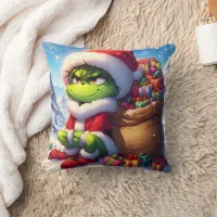 The Grinch enjoying a snowy holiday with gifts Throw Pillow