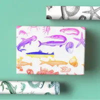 Bright Rainbow, Blue & Green Sea Creatures  Wrapping Paper Sheets