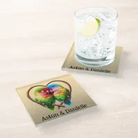 Cute Lovebirds Cuddling in a Heart Shaped Bough Glass Coaster