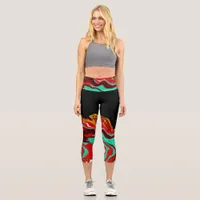Black, Gold, Burgundy, Marble Fluid Art   Capri Leggings