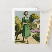 A retro lady walks her pet green Dinosaur Postcard