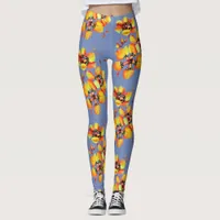 Bright Orange Flowers - Blue Grey Leggings