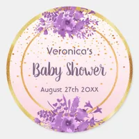 Rose gold with confetti and flowers baby shower classic round sticker