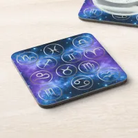 Twelve Grey Zodiac Symbols on blue galaxy | Beverage Coaster