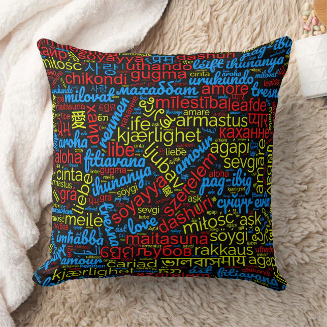 Colorful Love Word Cloud in Many Languages Throw Pillow