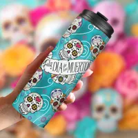 Sugar Skulls and Swirls Rose Turquoise ID725 Thermal Tumbler