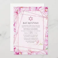 Rose Gold and Pink Magnolia Geometric Bat Mitzvah Invitation