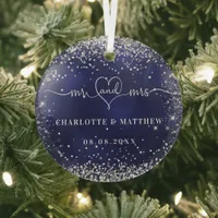 Navy blue silver glitter sparkles newly weds glass ornament