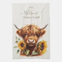 Family Farm Rustic Sunflower Highland Cow Kitchen Towel
