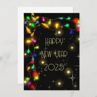 Happy new year 2025, stars and lighting garlands holiday card