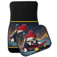 Playful Bulldog Skater in a Vibrant Cityscape Car Floor Mat