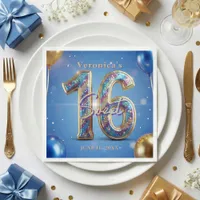 Glam Blue Gold Glitter Balloon Sweet 16 Birthday Napkins