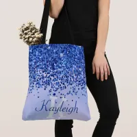 Simple Blue Brushed Metal and Glitter Monogram | Tote Bag