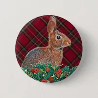 Rabbit with Holly Berries and Plaid Button