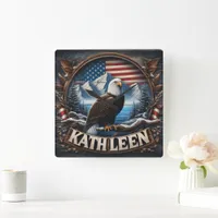 Bald Eagle by Mountains and Flag Square Wall Clock