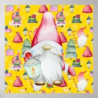 Christmas Santa Gnome & Yellow Pattern Background Poster